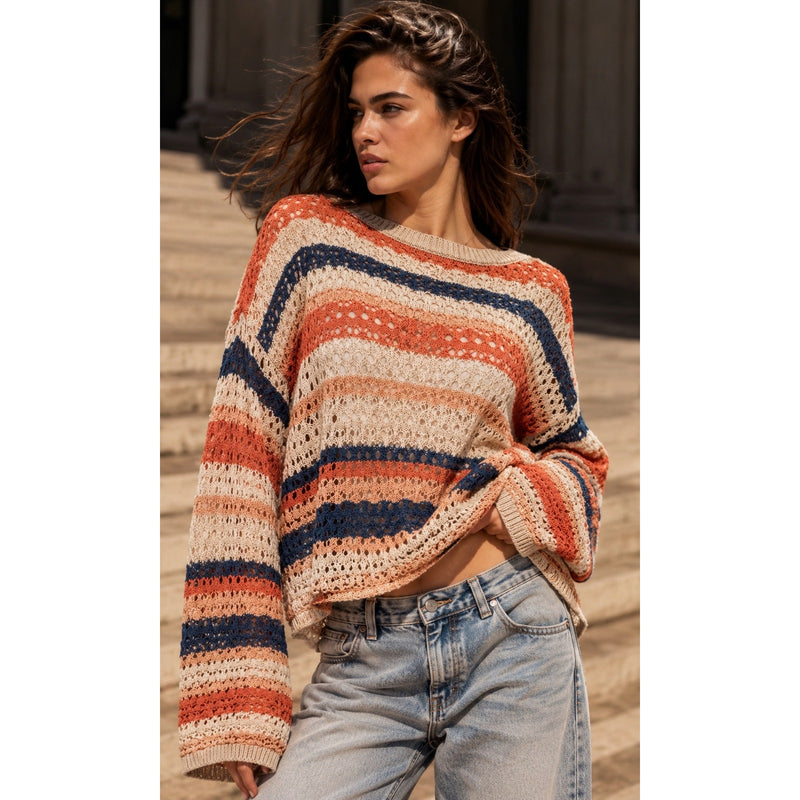 Hem & Thread Boho Open Crochet Striped Oversized Sweater Medium Cotton Blend NWT