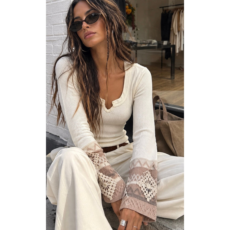 Free People Ivory/Cream Kombucha Crochet Cuff Thermal Knit Top Large