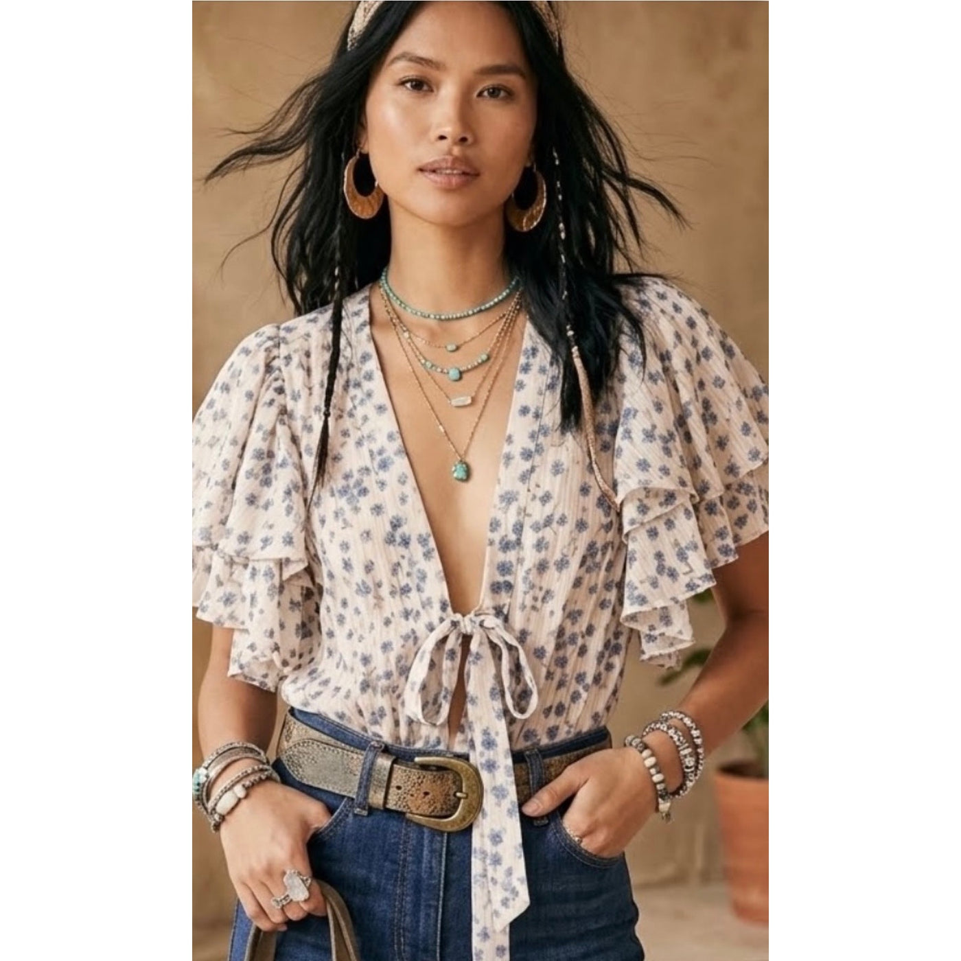 Free People Call Me Later Printed Blouson Bodysuit MEDIUM NWT