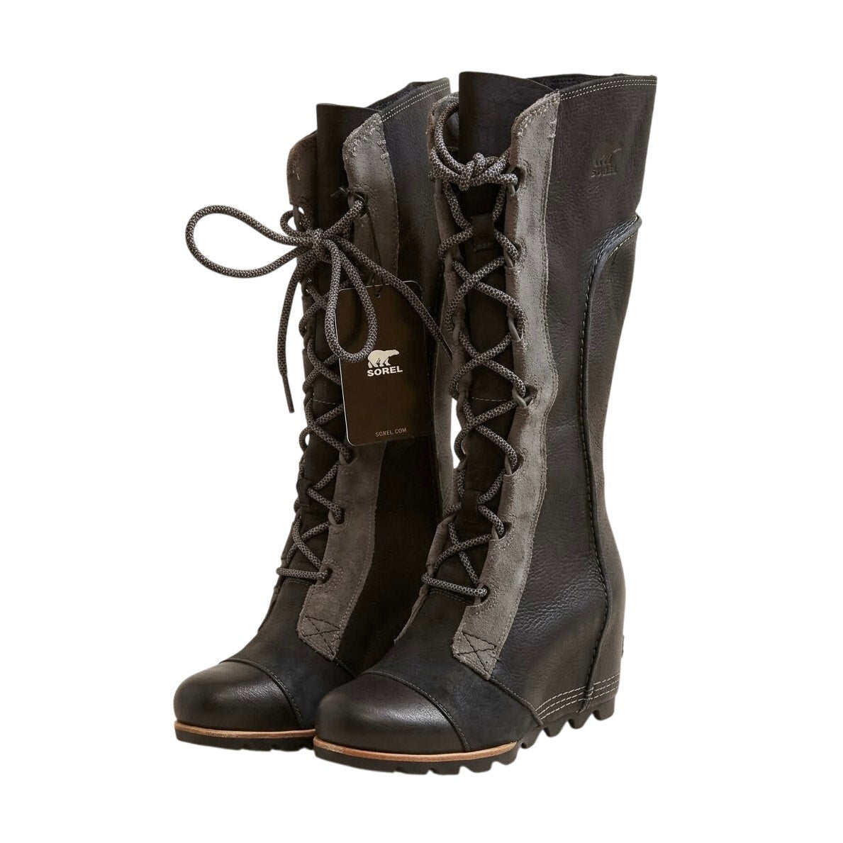 Sorel Cate The Great Black/Grey Suede Leather Lace Up Wedge Boot 8 NWT
