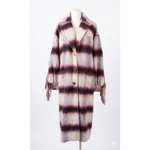 Free People M/L Pressley Fringe Plaid Blanket Duster Coat Pink