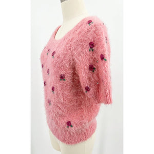 Free People Small Winter Blooms Appliqué Fuzzy Short Sleeve Sweater Pink