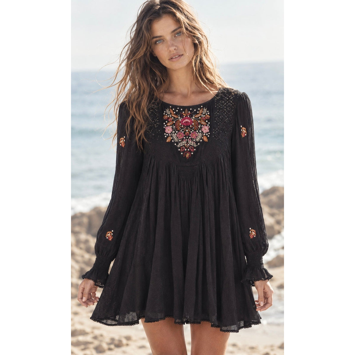 Free People Mohave Embroidered Boho Mini Dress Black