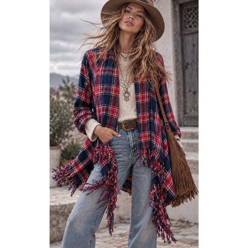 KORI America Red Navy Plaid Fringe Open Front Cardigan Jacket Boho Medium