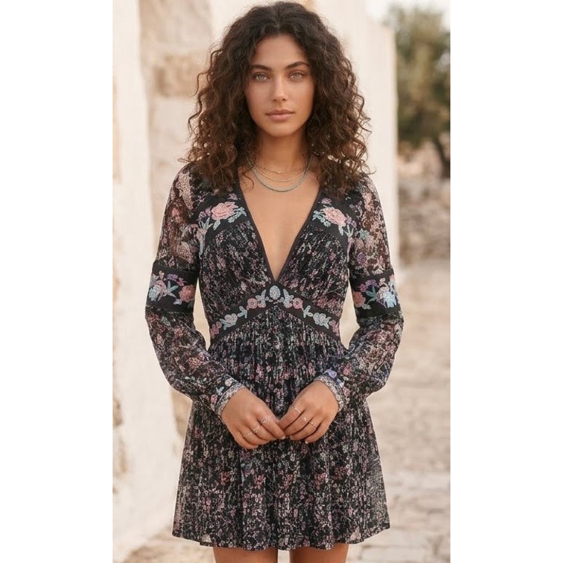 Free People Size 6 Cherry Blossom Embroidered Lace Mini Dress Whimsical Black