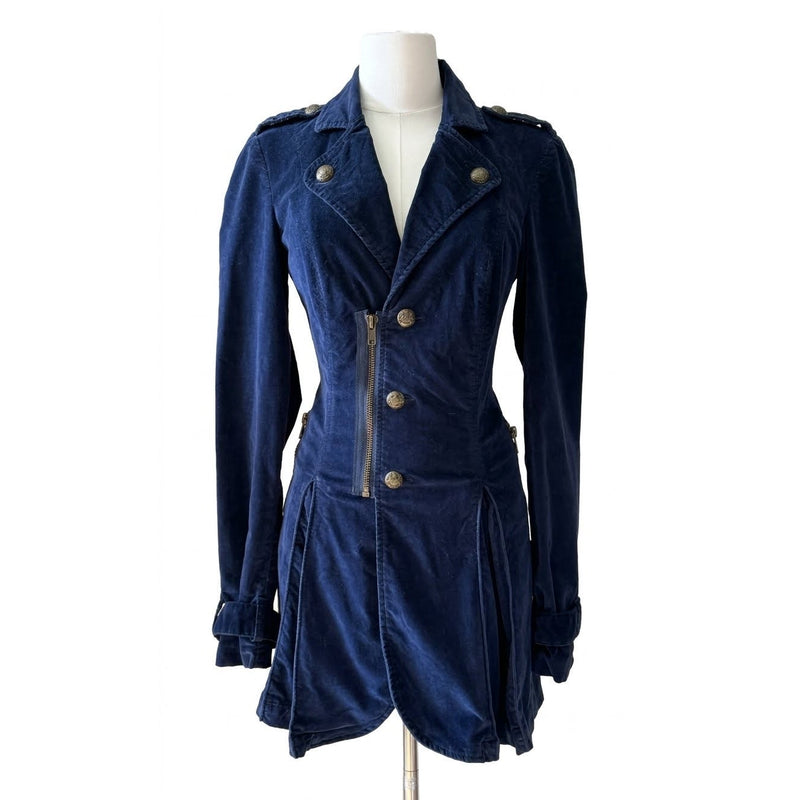 Free People The Originals Vintage Navy Velvet Military Coat Gold Buttons