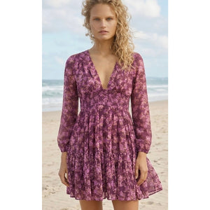 Free People Large Keep You Smocked Floral Mini Dress Berry Combo Boho