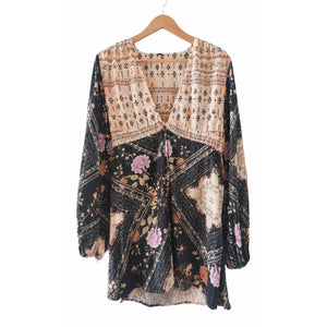 Free People Large Descanso Floral Mini Dress Chocolate Whimsy
