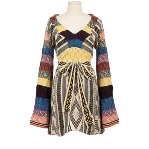 Free People Large Boho Patchwork Bell Sleeve V-Neck Sweater Dress NWOT