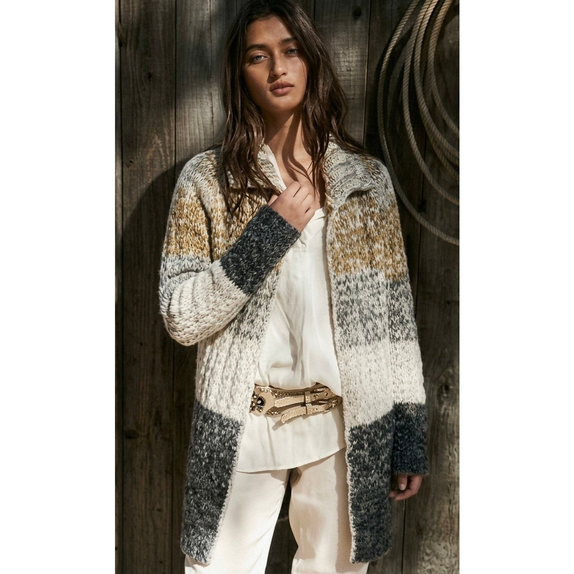 Free People Medium Wool-Blend Ombré Open-Front Shawl Collar Cardigan Sweater