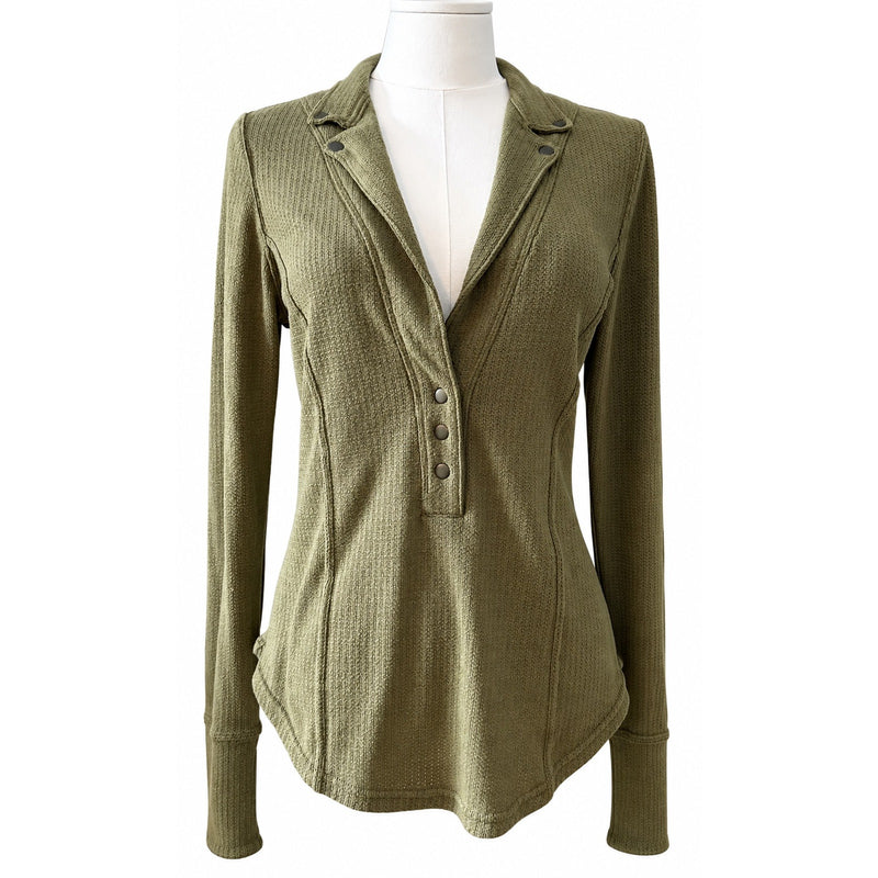 Free People Olive Green Textured Snap Henley Long Sleeve Top Large