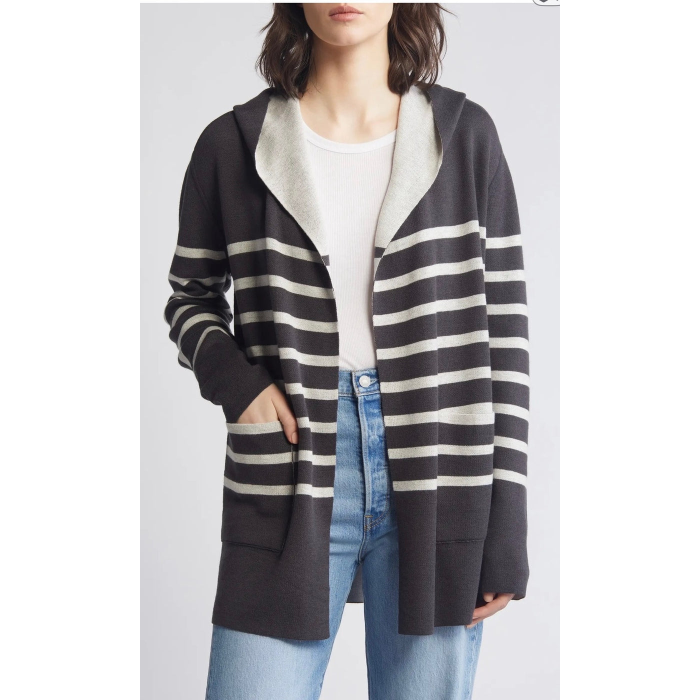 Splendid Syd Lead / Oatmeal Stripe Open Front Cardigan Medium NWT