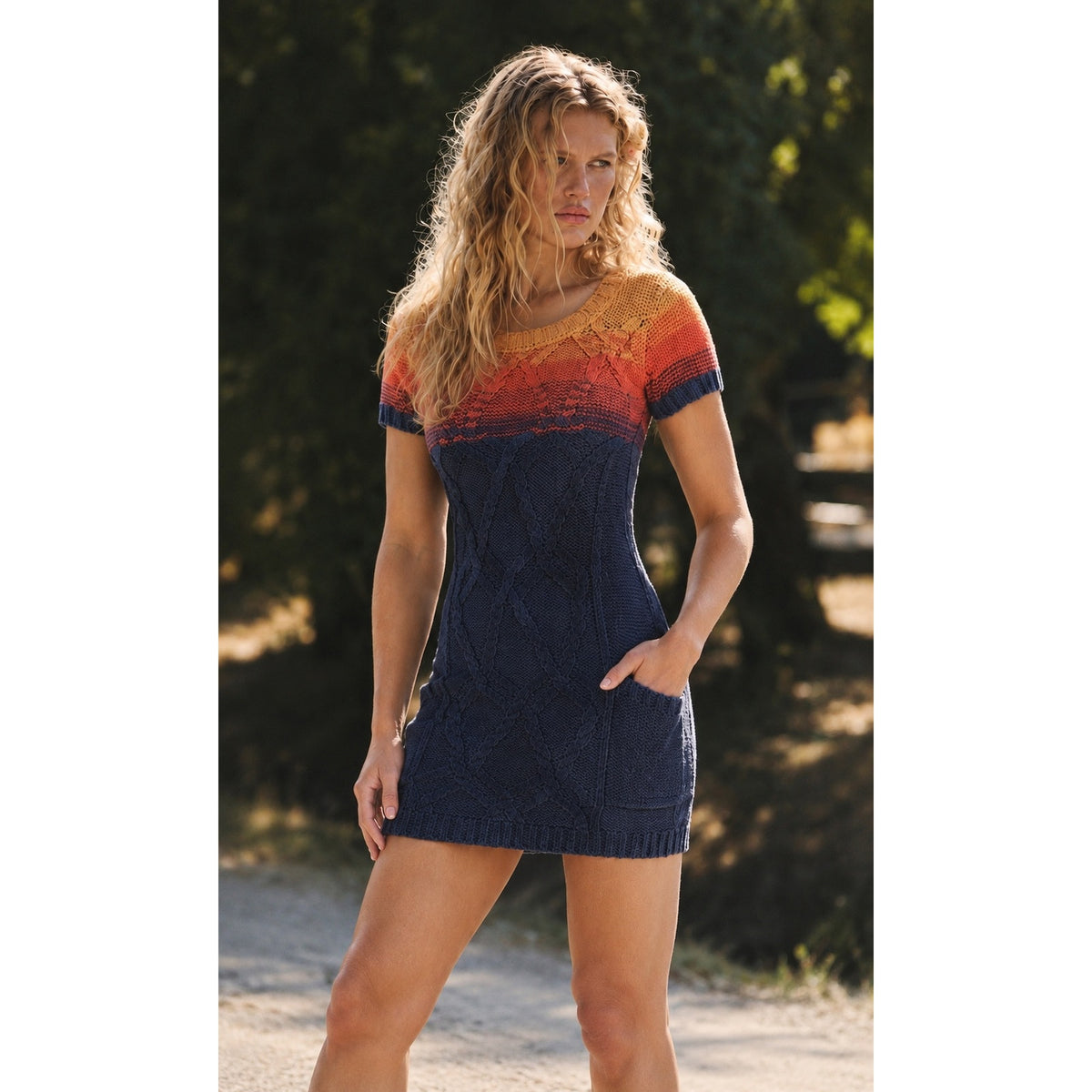 Free People Medium Retro Ombre Sunset Cable Knit Mini Sweater Dress
