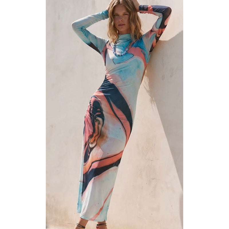 SAEMDI Medium Lava Printed Mesh Maxi Dress Open Back (Sold at Free People)le