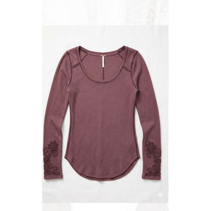 Free People Masquerade Burgundy Embroidered Sleeve Shirt LRG