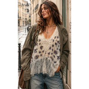 Free People Ivory Purple Floral Lace Inset Handkerchief Hem Swing Tank Top Small