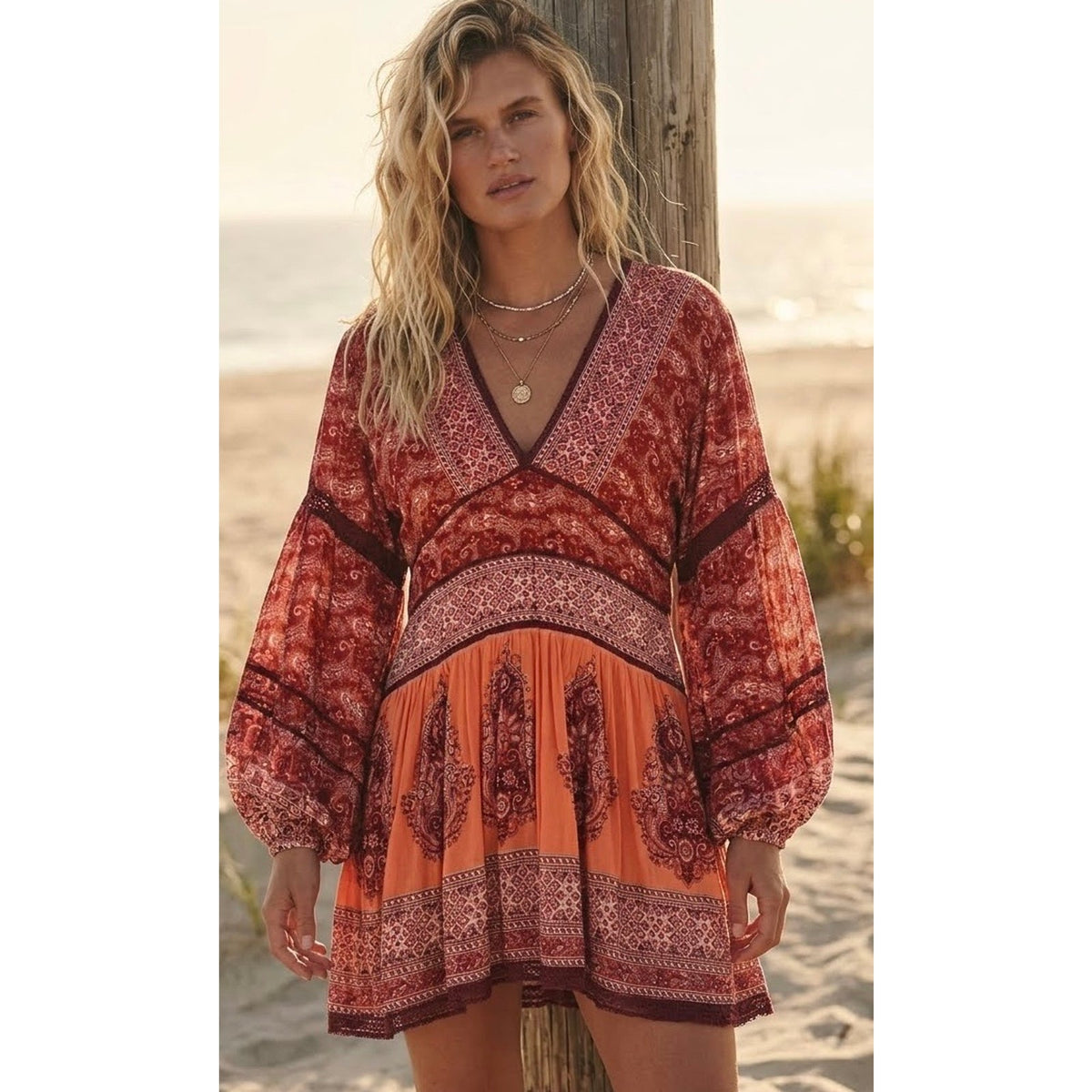 Free People Medium Luna Scarf Print Tunic Shirt or Dress Red NWT (Fits Large)