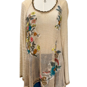 Free People Menagerie Embroidered Crochet Hooded Sweater Tunic Medium Excellent Conditon