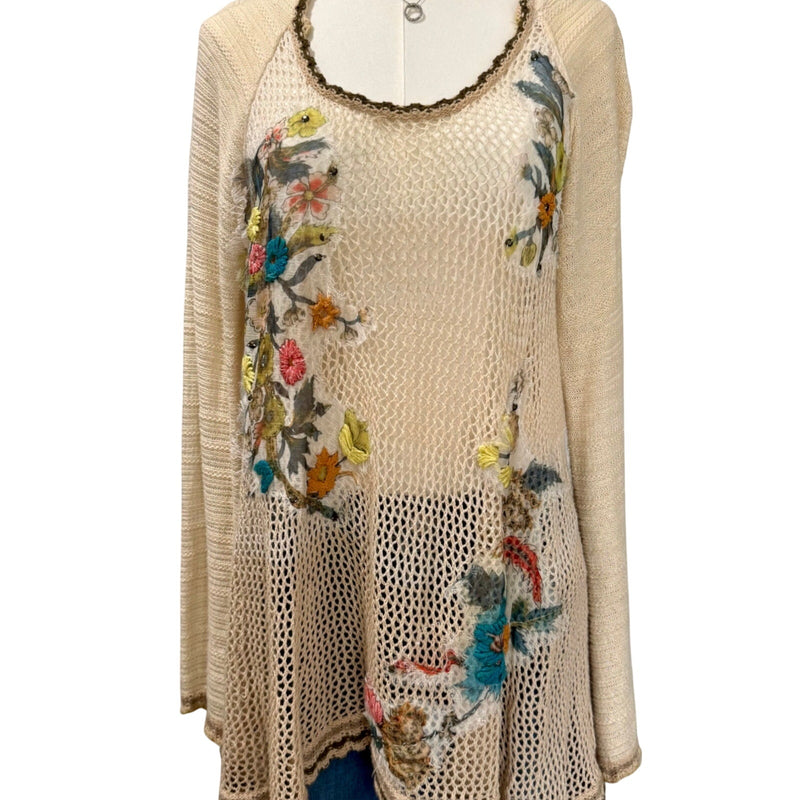 Free People Menagerie Embroidered Crochet Hooded Sweater Tunic Medium Excellent Conditon