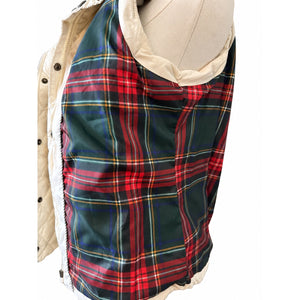 Tommy Hilfiger Ivory Quilted Hooded Vest Gray Yoke Plaid Lined Preppy Medium NWOT