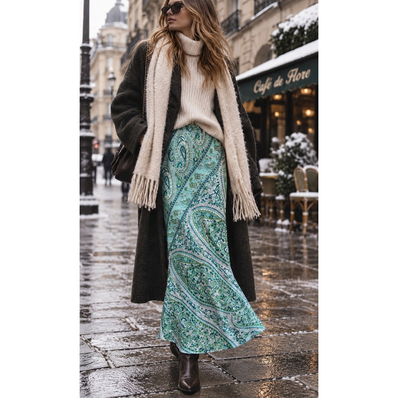 In Loom Green Paisley Bias Cut Maxi Skirt Side Zip Boho Large NWT