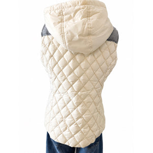 Tommy Hilfiger Ivory Quilted Hooded Vest Gray Yoke Plaid Lined Preppy Medium NWOT