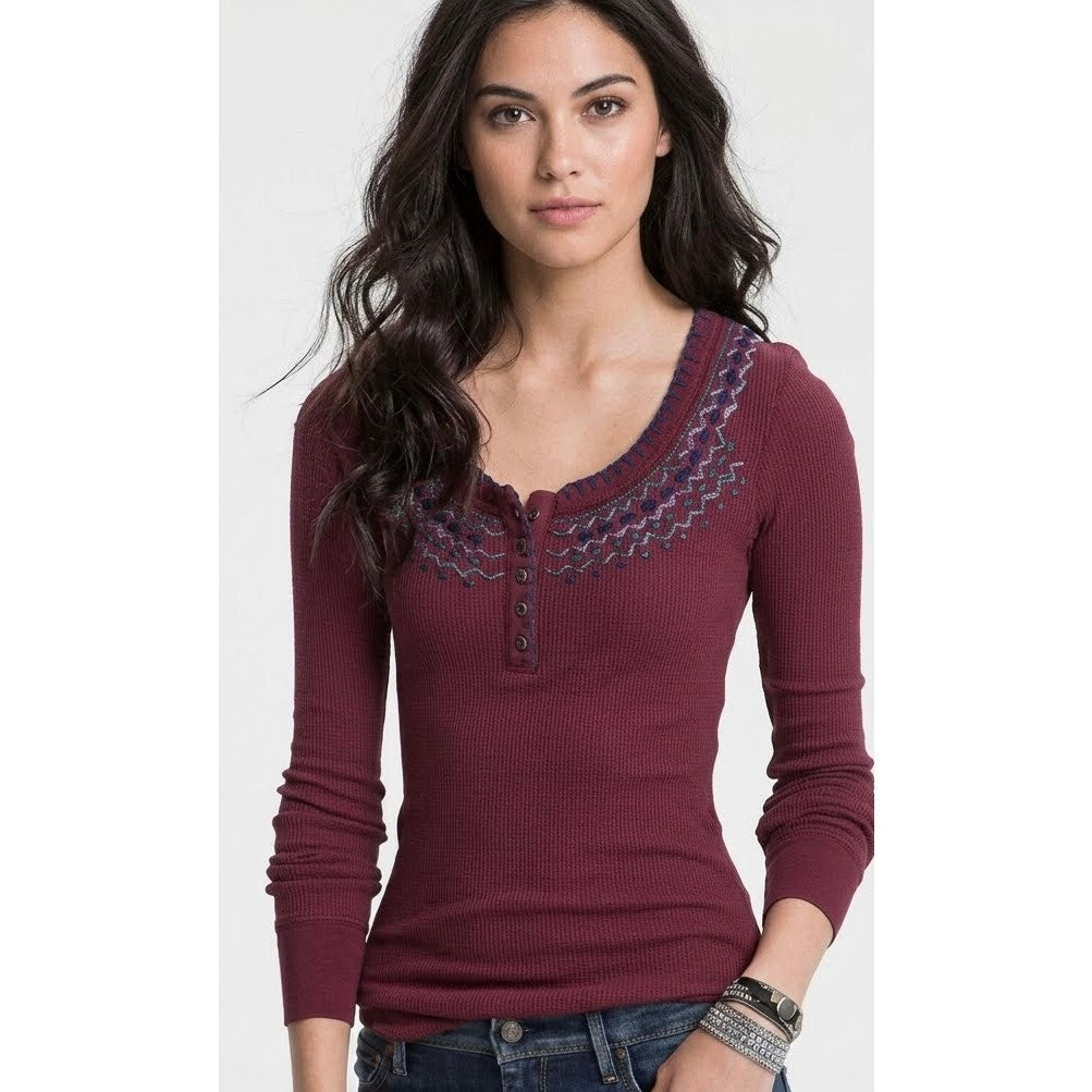 Free People Fair Isle Embroidered Burgundy Waffle Knit Henley Thermal Top