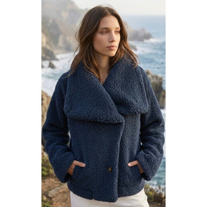 We The Free by Free People Large Izzy Wrap Teddy Jacket Navy Blue Fleece Coat