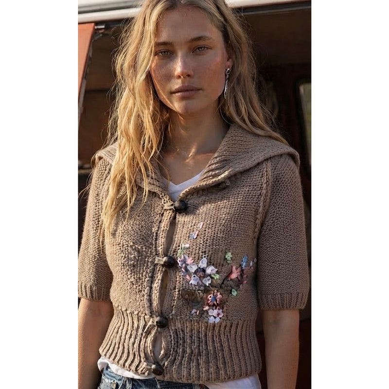 Free People Medium Posies Vintage Floral Embroidered Knit Cardigan Sweater