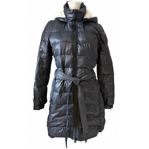 American Eagle Black Down Belted Puffer Coat Sherpa Hood Women’s Large