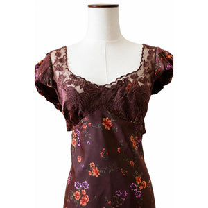 Free People Small Butterfly Babe Brown Satin Lace Feminine Cutout Maxi Dress