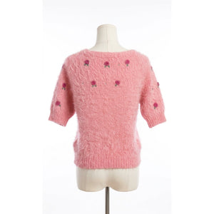 Free People Small Winter Blooms Appliqué Fuzzy Short Sleeve Sweater Pink