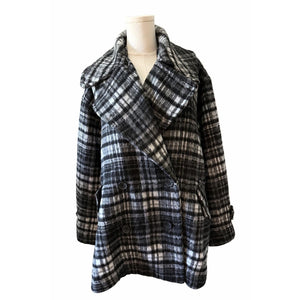 Free People Small Highlands Wool Plaid Peacoat Black Gray Oversized Jacket