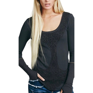 Free People Rose Garden Washed Charcoal Grey Lace Accent w Thumb Thermal Top