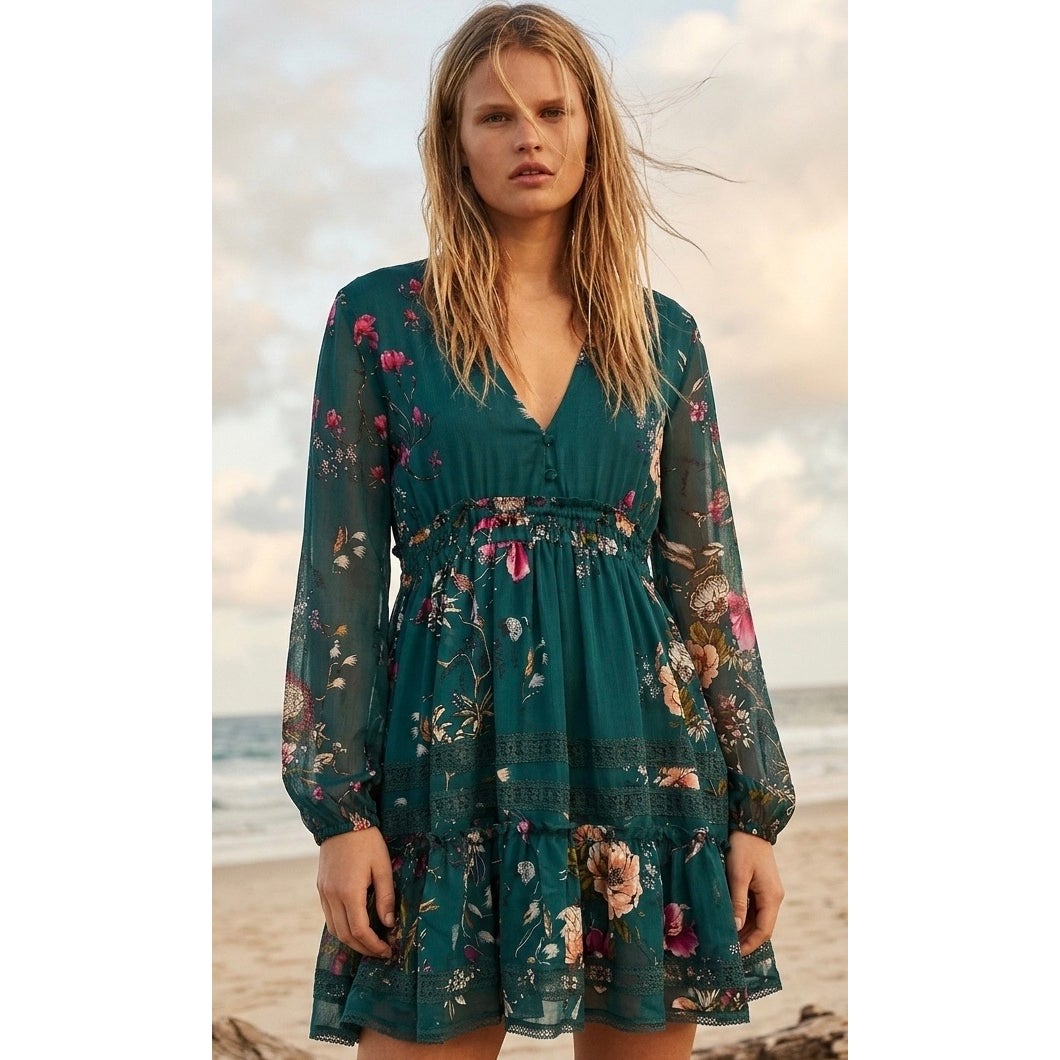 Free People Small Cherry Blossom Mini Dress Emerald Green (Runs Large)