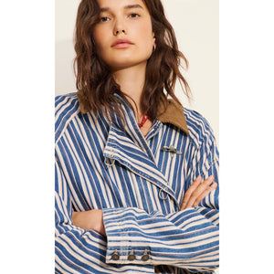 We The Free Free People Large Wagner Stripe Denim Barn Coat Jacket (Fits XL)
