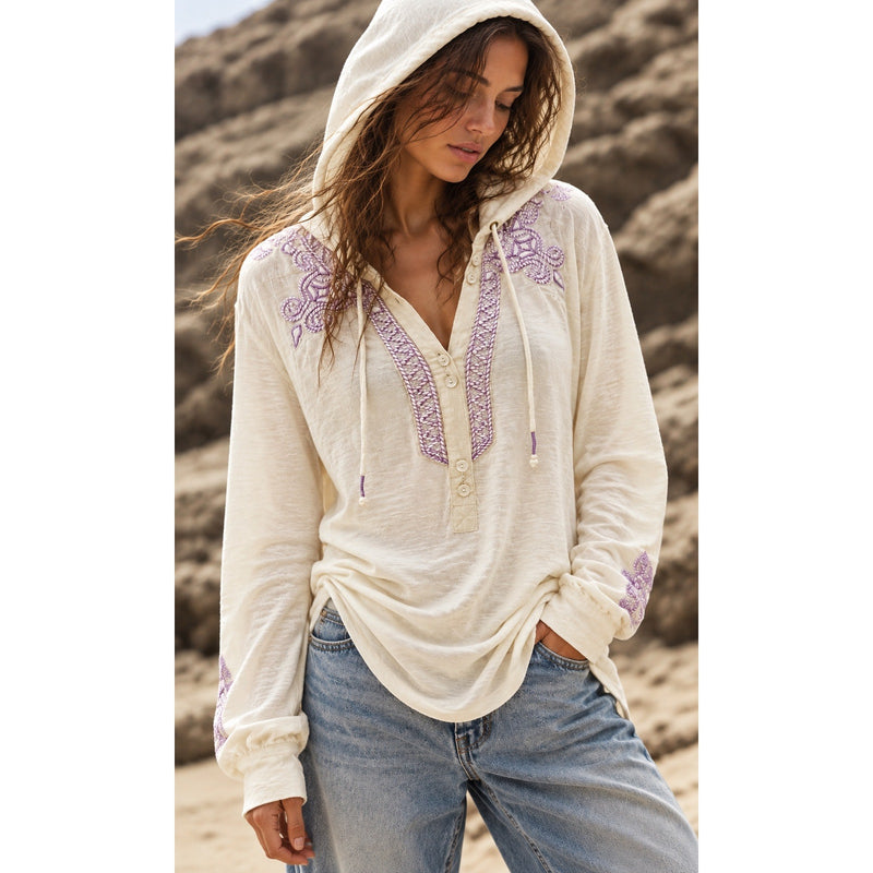 Free People Ivory Purple Small Embroidered Hooded Tunic Top Boho NWOT