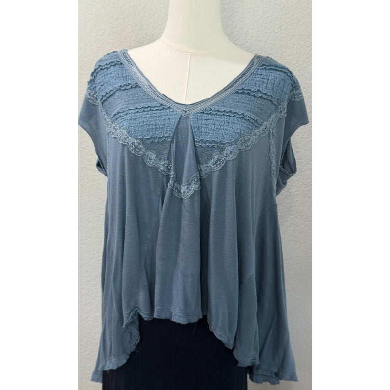 Free People Abigail Oversized Lace V-Neck Hi-Low Cap sleeve Blouse X-Small