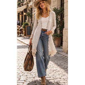 Free People Vintage Oatmeal Lace Trim Boho Long Cardigan Dress Medium