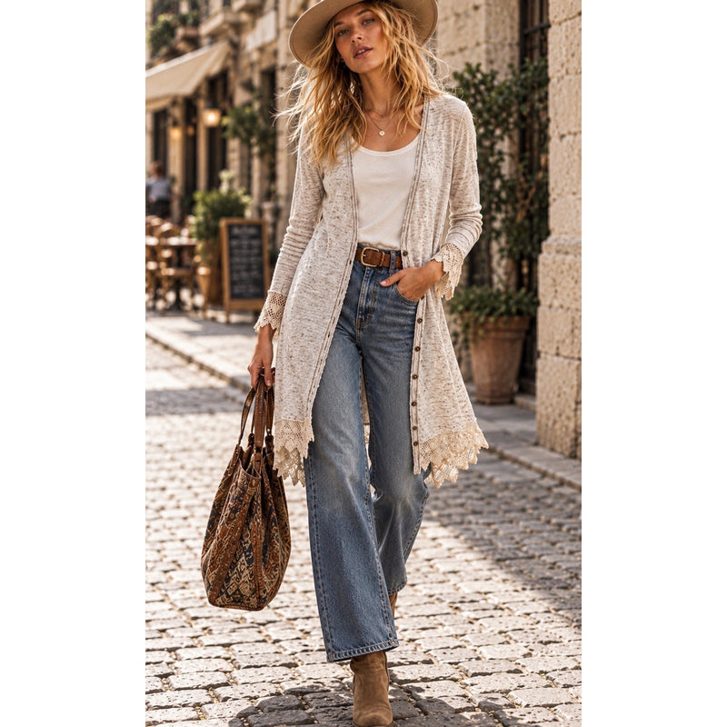 Free People Vintage Oatmeal Lace Trim Boho Long Cardigan Dress Medium