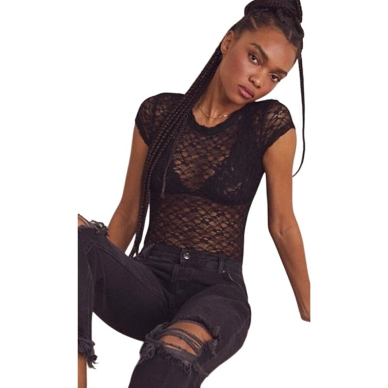 Free People Intimately Black Pucker Up Lace Cap Sleeve Bodysuit X-Large NWO