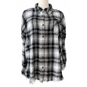 Hem & Thread Black White Plaid Raw Hem Button Front Shacket Shirt Jacket Large NWOT