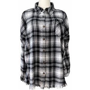 Hem & Thread Black White Plaid Raw Hem Button Front Shacket Shirt Jacket Large NWOT