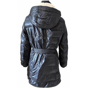 American Eagle Black Down Belted Puffer Coat Sherpa Hood Women’s Large