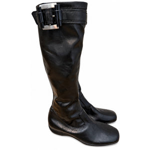 Franco Sarto Black Leather Knee High Wedge Boots Silver Buckle 7.5 NWOT