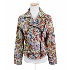 Free People Size 8 Floral Tapestry Moto Jacket Asymmetrical Full Zip Crop Boho