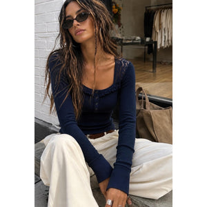 Free People Large Come On Over Ribbed Lace Henley Top Navy Blue Shirt