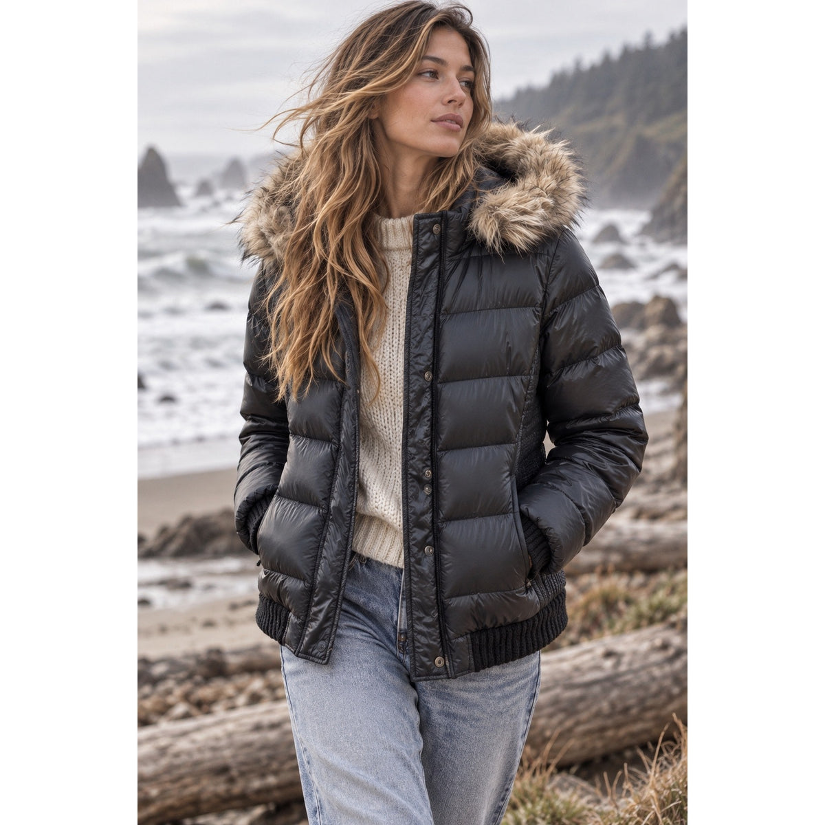 American Eagle XL Black Down Puffer Jacket Faux Fur Hood Winter Coat XLarge