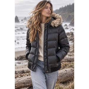 American Eagle XL Black Down Puffer Jacket Faux Fur Hood Winter Coat XLarge