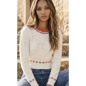 Free People Large Tilly Cherry Pointelle Knit Crop Pullover Sweater